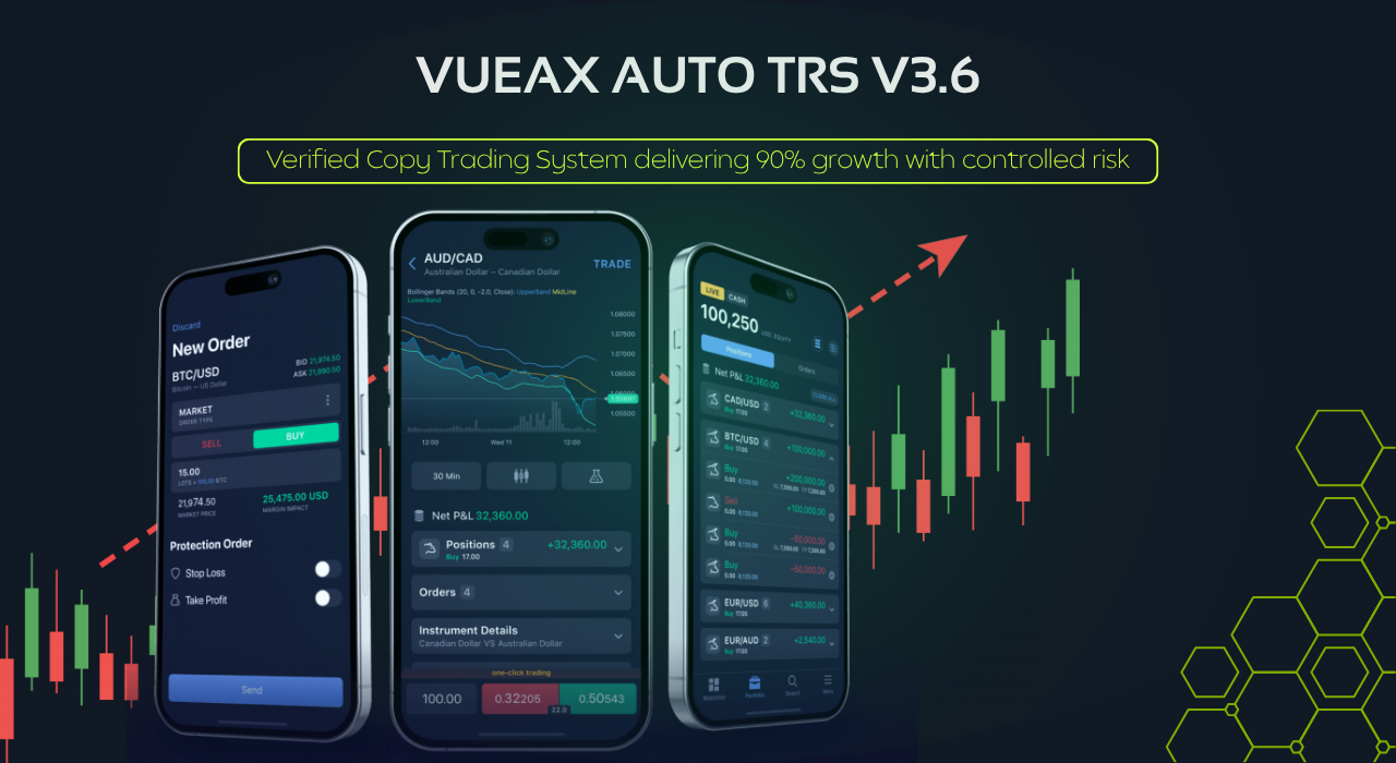 Experience professional copy trading with VUEAX Auto TRS v3.6, a verified MT5 automated trading system that achieved 90.44% total gain, 38% monthly growth, and only 11.98% drawdown. Copy the performance of a proven algorithm and trade smarter with automat
